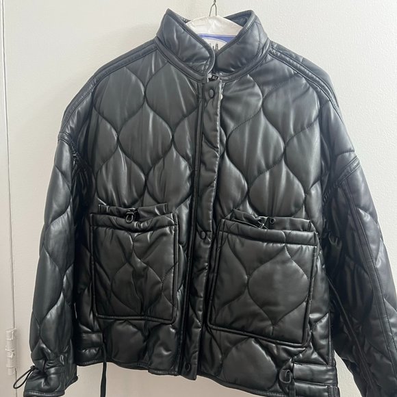 Zara Vegan Leather Quilted Padded Puffer Jacket Blogger Fav Black Sz Small - Picture 2 of 6